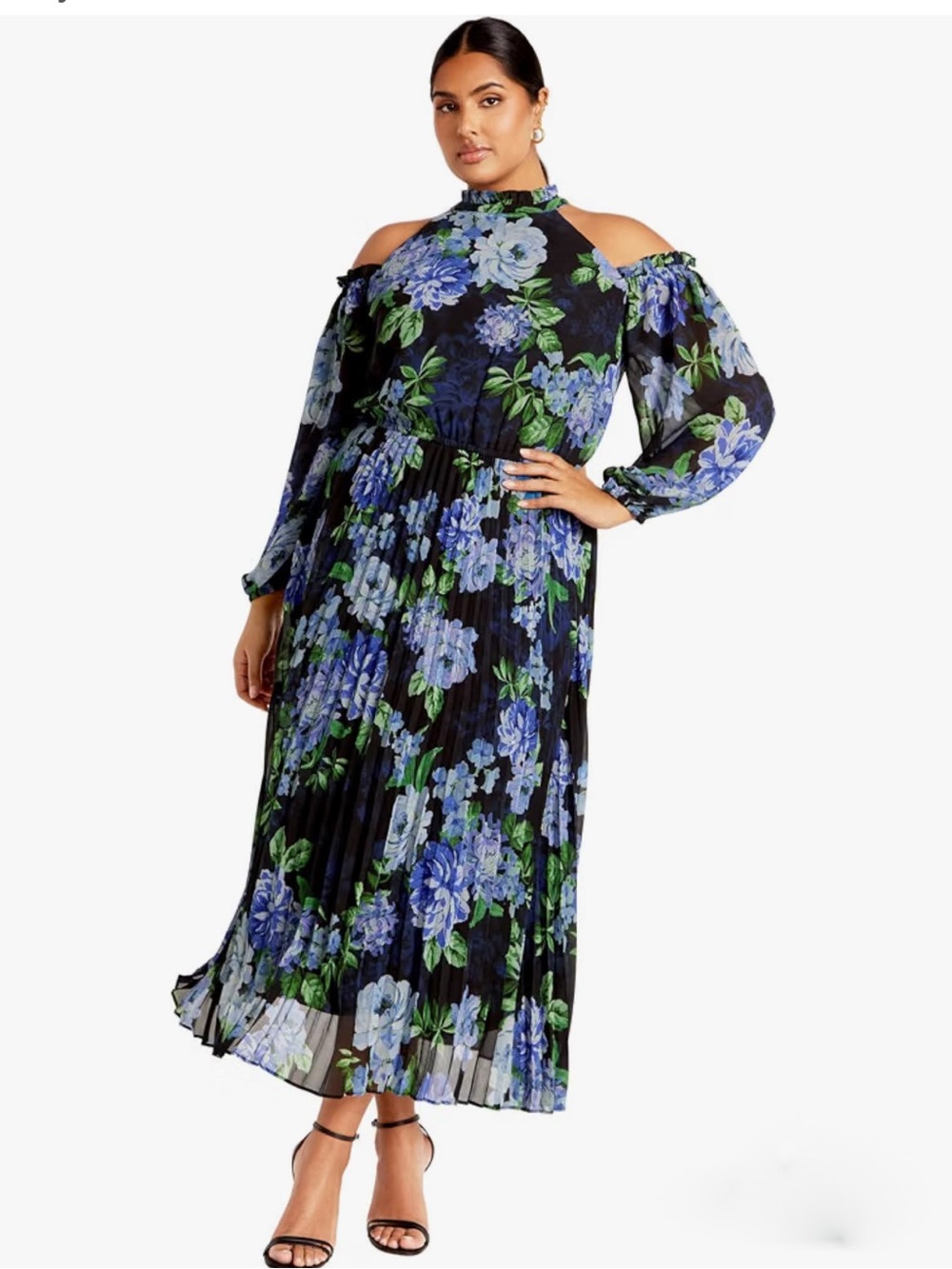 City Chic Black Floral Cold-Shoulder Maxi Dress with Blue Blooms